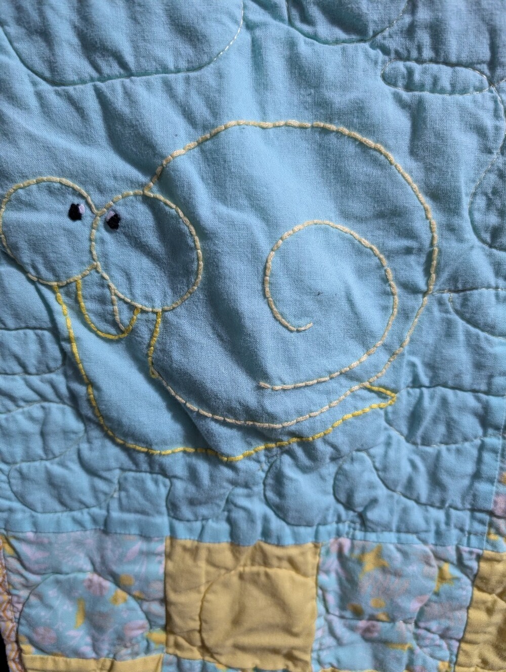 Blue and Yellow Patchwork Baby Quilt with Animal Embroidery 56x52 - Picture 5 of 7